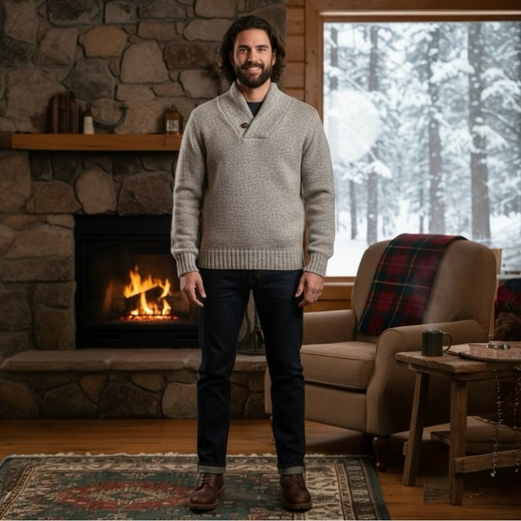 Vtg 80s Eddie Bauer Wool Shawl Collar Sweater Size Large Neutral Cabin Cottage - Picture 2 of 9